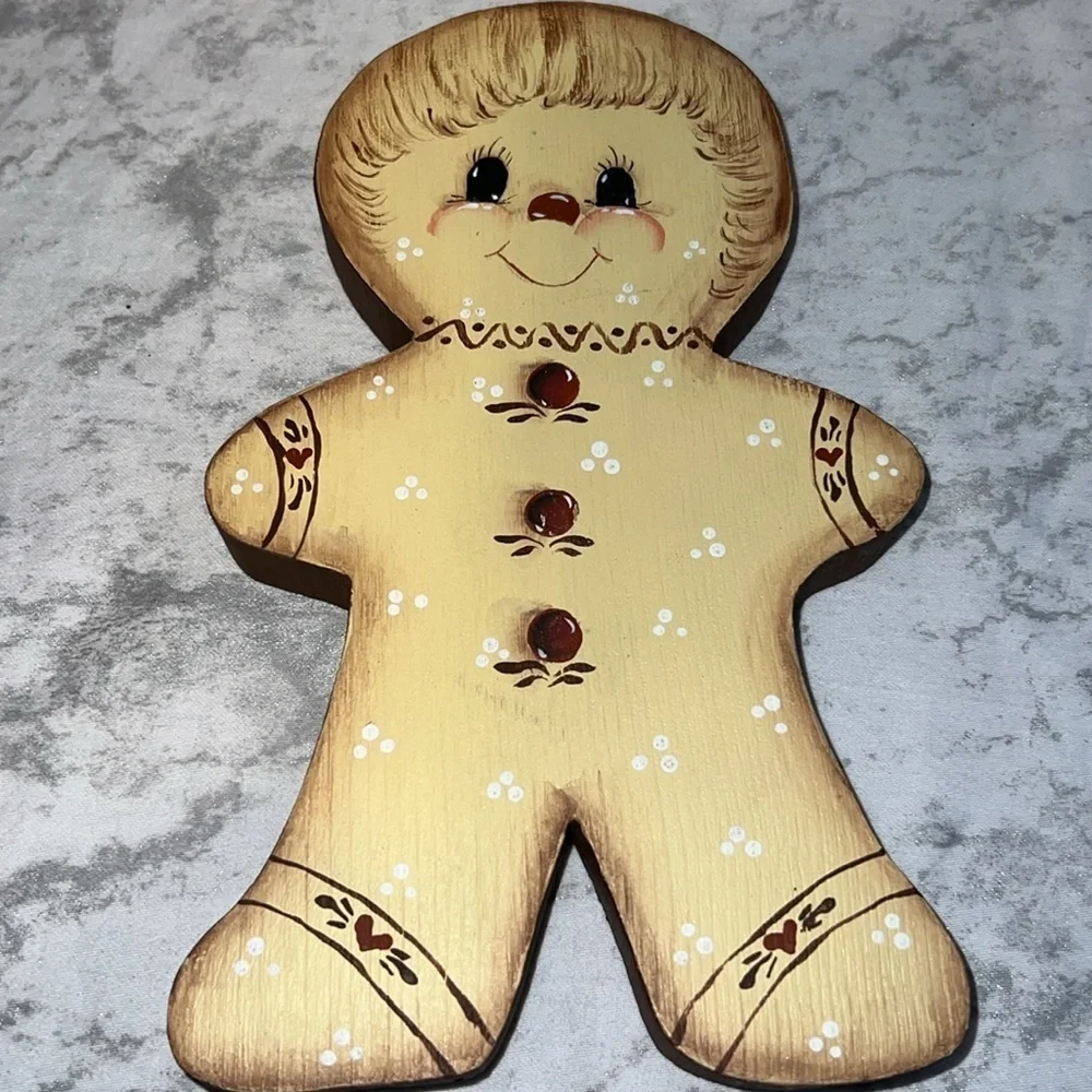 Vintage 1980s Set of 3 Wooden Hand Painted Gingerbread Family Stand Alone